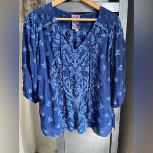 Johnny Was bright royal blue blouse large embroidered